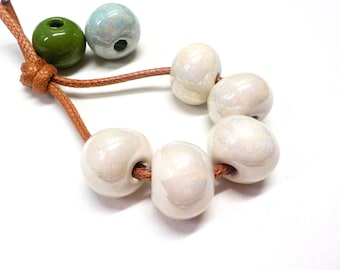 Round Ceramic Beads, Handmade Enameled Ceramic, Glazed Greek Ceramic, Organic Round Large Ceramic Beads, Cream Iridescent 14x18mm - 2 pcs