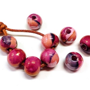 Contas redondas de cerâmica, cerâmica esmaltada feita à mão, cerâmica grega esmaltada, contas grandes de cerâmica orgânicas redondas, rosa multicolorido 14 x 18 mm - 2 peças