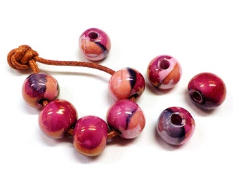 Round Ceramic Beads, Handmade Enameled Ceramic, Glazed Greek Ceramic, Organic Round Large Ceramic Beads, Pink Multi 14x18mm - 2 pcs