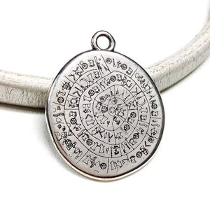 999 Silver Plated Large Disc Pendant, Ancient Minoan Cretan Phaistos Disc, Greek Design, Double Sided Festos Pendant, 33x35mm - 1 piece
