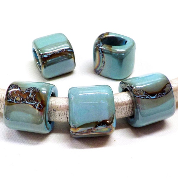 Ceramic Bead Tube Slider for Oval Cord, Blue Brown Multi Ceramic Cube, Enameled Ceramic Bead for Oval Licorice Leather 10x6mm - 1 pc