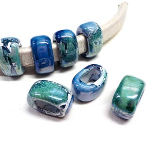 Ceramic Bead Tube Slider Blue Sea Green Multi, Oil On Water Enameled Ceramic, Big Hole Ceramic, Glazed Ceramic for Cords 10x6mm - 1 piece image 2