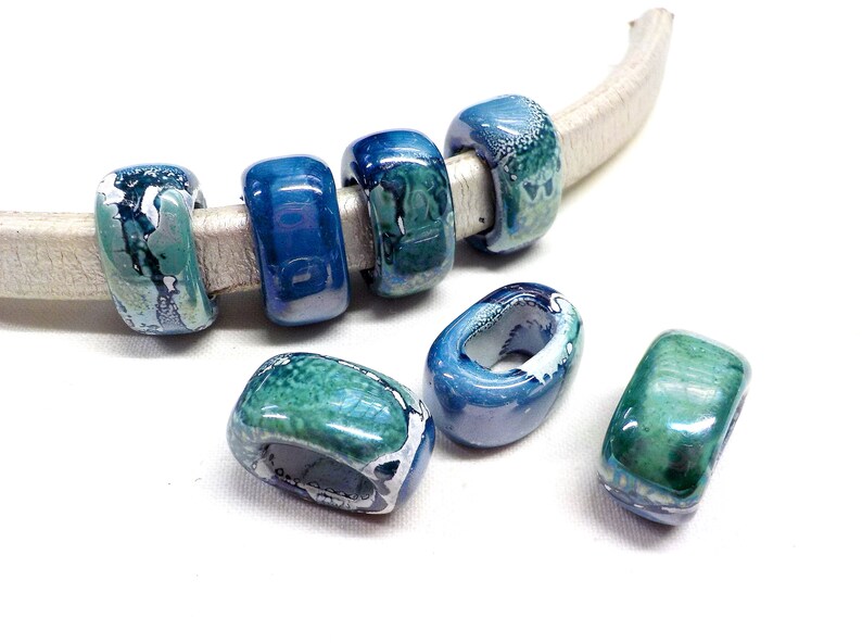 Ceramic Bead Tube Slider Blue Sea Green Multi, Oil On Water Enameled Ceramic, Big Hole Ceramic, Glazed Ceramic for Cords 10x6mm - 1 piece image 2