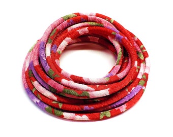 Red Japanese Style Fabric Satin Cord, Round Floral Cord, Textile Cord, Fabric Rope, Textile Fabric Jewelry, 6.5mm - 1Yard/ 92cm (1 pc)