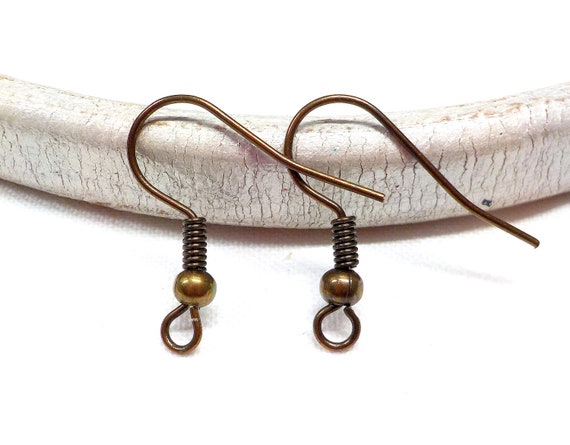 Antique Bronze Fishhook Earrings, Ball and Coil Earwires, French