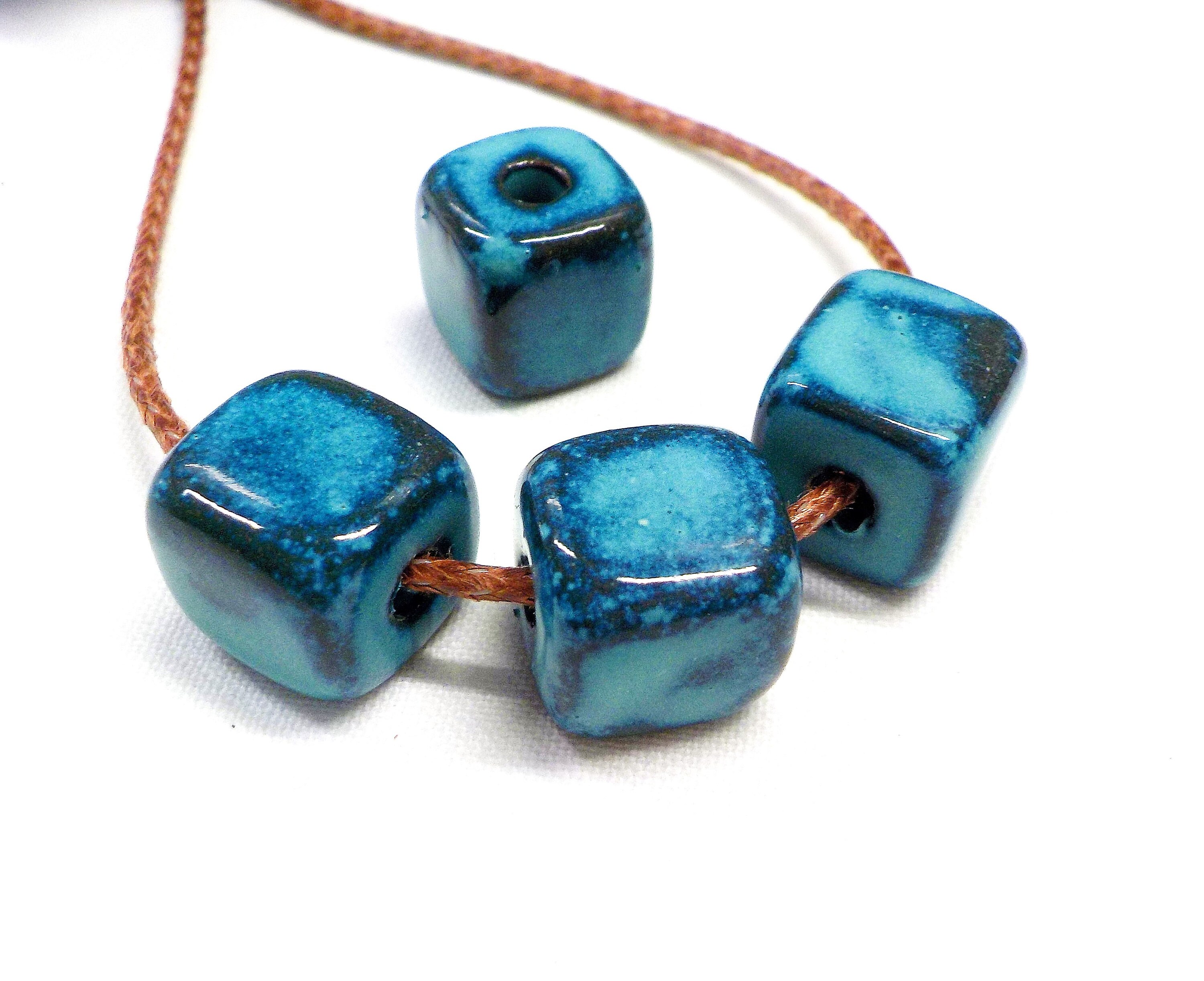 Turquoise Blue Ceramic Cube, Handmade Enameled Ceramic Beads, Glazed Greek Ceramic, Cube Ceramic Slider 12mm (Ø 3.2mm) - 2 pcs