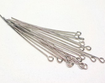 Alfileres de cabeza de ojo de latón chapados en rodio, alfileres de cabeza de ojo, alfileres de cabeza de calibre 21, 50 mm / 0,7 mm (2" / 0,028") - 25 piezas