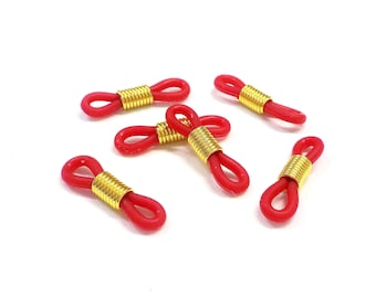 Adjustable Eyeglass Holder Ends, Red Rubber Silicon Grips with Gold Coils, Replacement Loops for Glasses Chains, Rubber Parts - 10 pcs