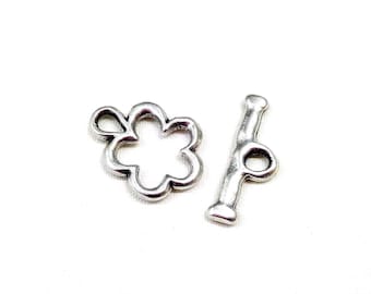 Silver Plated Toggle Clasp, Flower Toggle Clasp, T Clasp, Bar Clasp, Toggle Clasps 15mm - 1 set