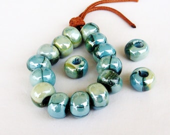 Round Ceramic Beads, Handmade Enameled Ceramic, Glazed Greek Ceramic, Organic Round Large Ceramic Beads, Blue Beige Multi, 14x11mm-2 pcs