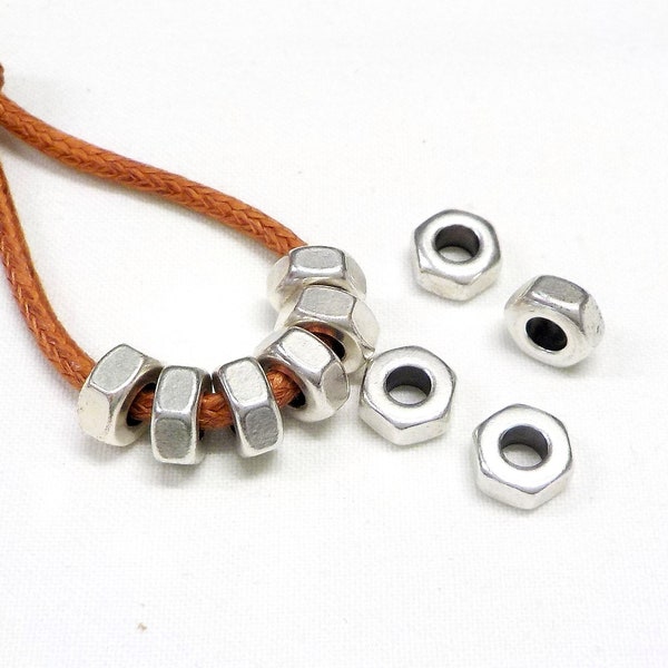 Hexagon Brass Washer Nut 8x4mm (Ø 4mm), Silver Round Nut Edge Spacer Beads, Chunky Rondelle Beads, Industrial Chic Metal Beads - 2 pcs