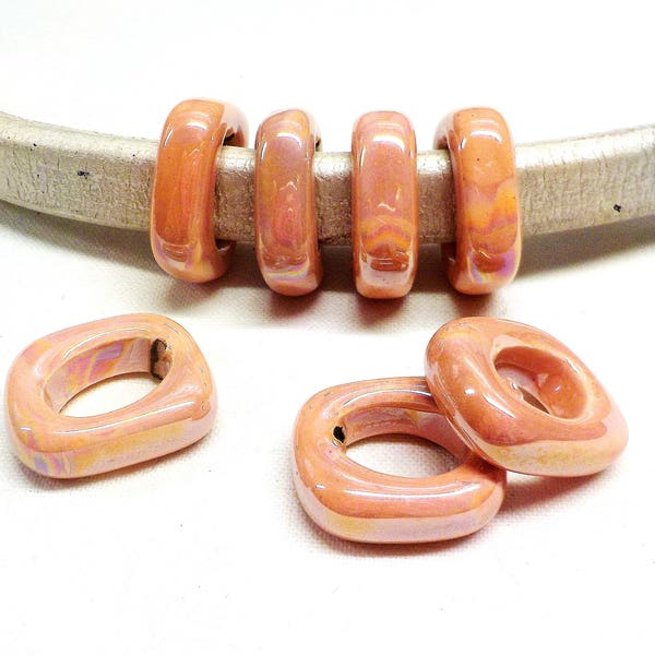 Ceramic Bead Tube Slider for Oval Cord, Peach Pink Iridescent Oil On Water Ceramic for Licorice Rubber Cord 10x6mm - 2pcs