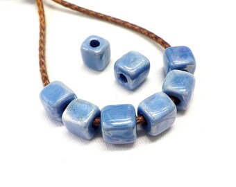 Blue Gray Multi Ceramic Cube, Handmade Enameled Square Ceramic Beads, Glazed Greek Ceramic, Cube Ceramic Slider 6.5mm (Ø 2.1mm) - 4 pieces