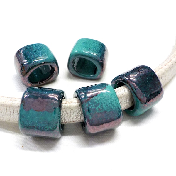 Ceramic Bead Tube Slider for Oval Cord, Turquoise Green Multi Ceramic Cube, Enameled Ceramic Bead for Oval Licorice Leather 10x6mm - 1 pc