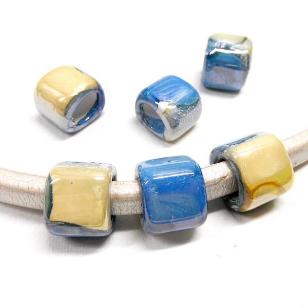 Ceramic Bead Tube Slider for Oval Cord, Blue Yellow Multi Ceramic Cube, Enameled Ceramic Bead for Oval Licorice Leather 10x6mm - 1 pc