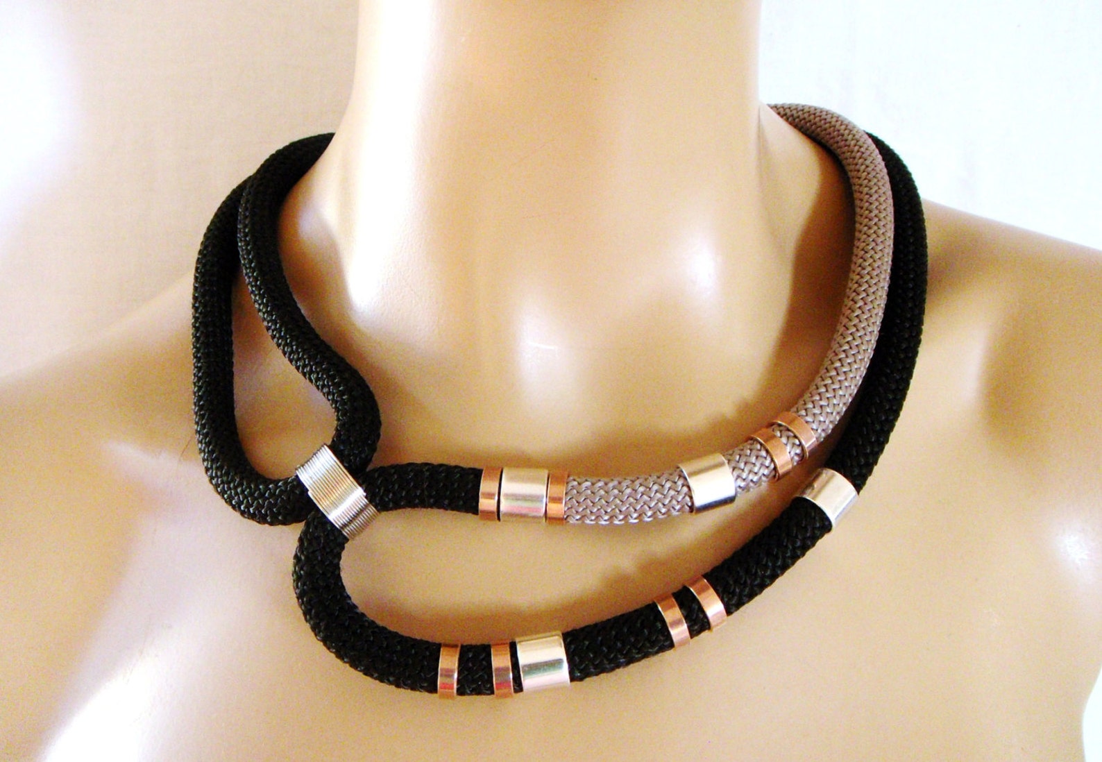 Rope Tribal Necklace, Statement Necklace, Black and Gray Rope, Silver ...