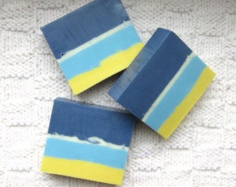 Drakkar Blue, Yellow and White Stripes in Shea Butter Soap with Free Shipping in the Continental US