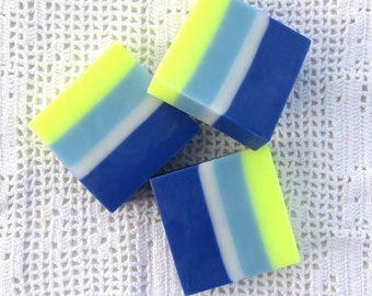 Blues, Yellow and White Drakkar Scented Shea Butter Soap with free shipping in the Continental US