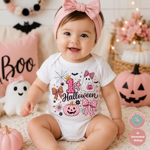 May include: A white short-sleeved baby bodysuit featuring a pink graphic print that says 1st Halloween. The design includes a pink pumpkin, a ghost with a bow, spiderwebs, and leopard print bows. The baby wears a solid pink fabric headband.