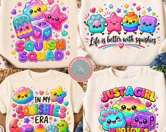 Squishies PNG-bundel, schattige squishy-shirtontwerpen, leuke regenboog-sublimatie-PNG, Squish Squad-PNG, Squishies-tijdperk voor meisjes, dumpling-PNG.