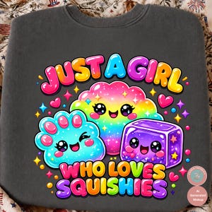 Op de afbeelding: Een antracietgrijs sweatshirt met een kleurrijke afbeelding en de tekst "JUST A GIRL WHO LOVES SQUISHIES". Het ontwerp bevat drie lachende cartoonfiguren: een regenboogkleurige wolk, een blauwe pootvormige figuur en een paarse kubus.