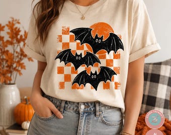 Retro Halloween vleermuis PNG met oranje dambordpatroon
