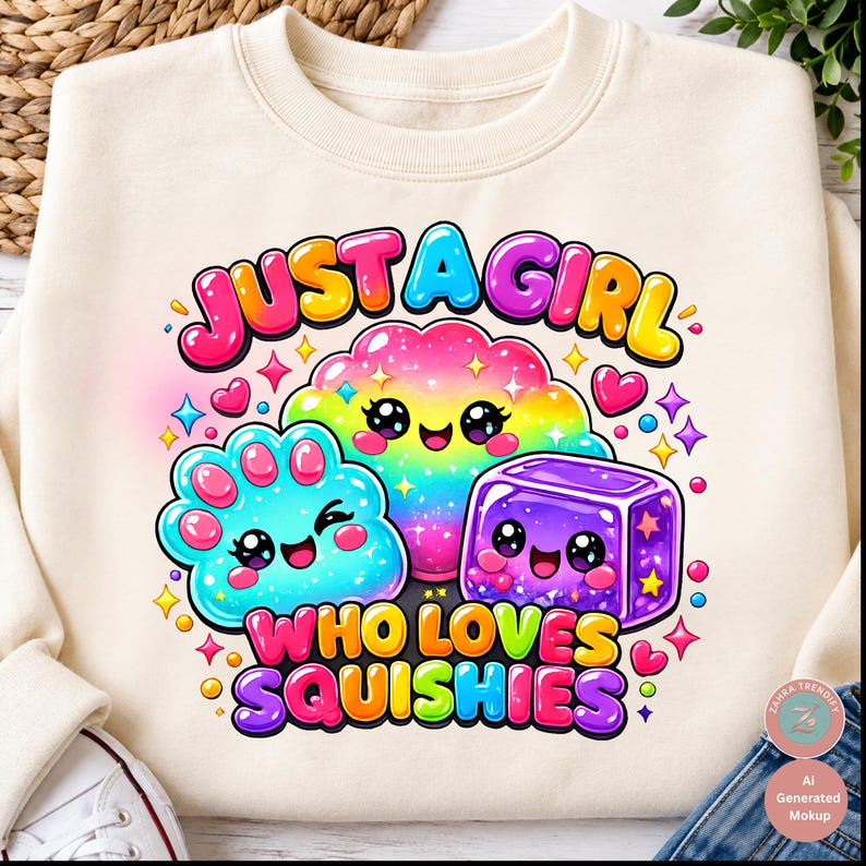 Op de afbeelding: Een cr&egrave;mekleurig sweatshirt met een kleurrijke afbeelding en de tekst "JUST A GIRL WHO LOVES SQUISHIES". Het ontwerp bevat drie lachende cartoonfiguren: een regenboogwolk, een blauwe pootvormige figuur en een paarse kubus.