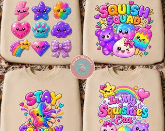 Squishies PNG-bundel, schattige squishy-shirtontwerpen, leuke regenboog-sublimatie-PNG, Squish Squad-PNG, In My Squishies Era, dumpling-PNG.