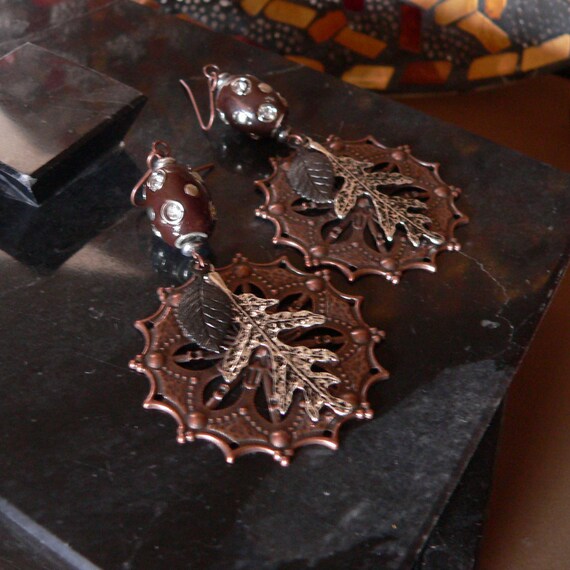 bold earring, filigree earring, mixed metal, boho earring, leaf earring, copper earring, silver and copper, dangle earring, gift for her