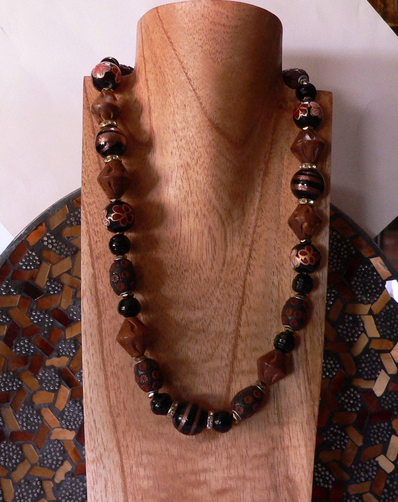 texture necklace brown and black handmade necklace brown necklace bold necklace glass and wood gift for women statement necklace