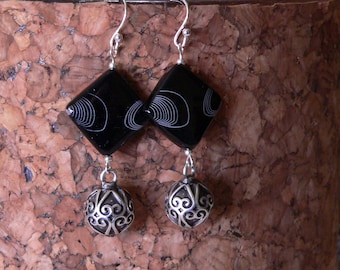 black earring, gemstone earring, banded onyx, dangle earring, black and silver, boho earring, boho chic, onyx earring, gift for women