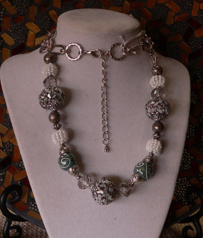 green and silver seafoam green green and pearl green necklace handmade necklace beaded necklace sallys beads nc chain necklace