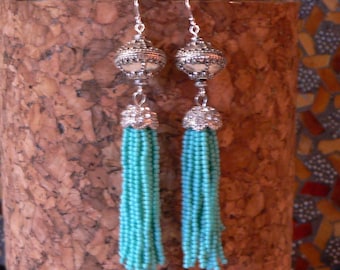 tassel earring, turquoise earring, bold earring, long earring, turquoise and silver, boho earring, turquoise tassel, gift for women, tassel