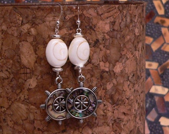 beach earring, ships wheel, ocean earring, shell earring, boho earring, bold earring, dangle earring, abalone earring, handmade earring