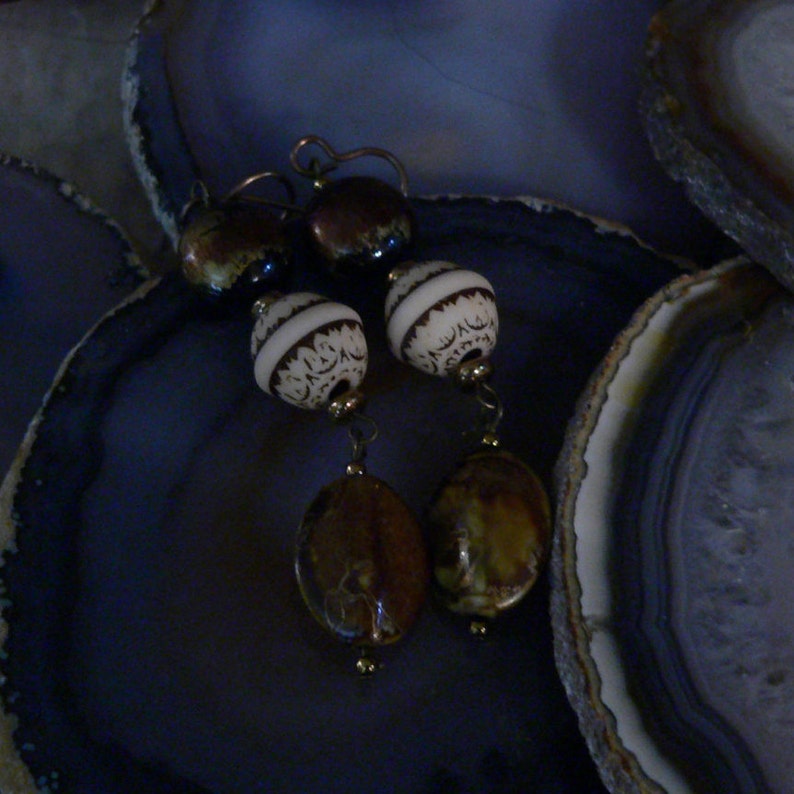 Brown Earring Dangle Earring Long Earring Brown and Cream Etsy