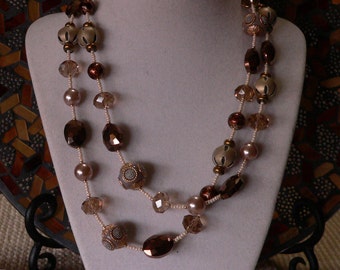 beige necklace, long necklace, beaded necklace, beige and gold, statement necklace, necklace, beige and brown, gift for her, boho necklace