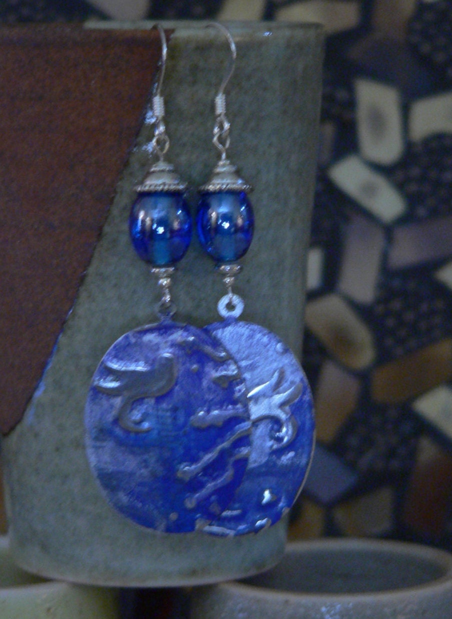 CLEARANCE, Blue Earring, Blue Glass Earring, Embossed Metal, Bold