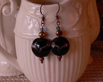 black earring, artisan glass, black glass, dangle earring, boho earring, black and copper, sallys beads nc, handmade earring, gift for her