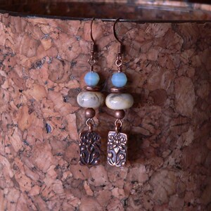 dangle earring, gemstone earring, copper earring, lotus earring, crazy lace agate, blue glass, copper and blue, boho earring, gift for her
