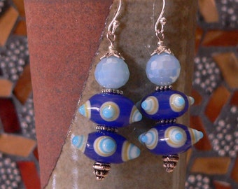 blue earring, funky earring, lampwork glass earring, blue glass, dangle earring, shades of blue, earring, boho earring, bohemian, boho chic