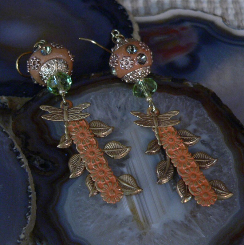 Orange Earring, Orange and Green, Crystal Earring, Leaf Earring, Flower