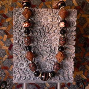 brown necklace, bold necklace, statement necklace, brown and black, glass and wood, texture necklace, handmade necklace, gift for women