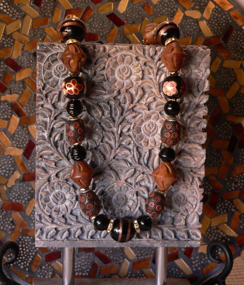 texture necklace brown and black handmade necklace brown necklace bold necklace glass and wood gift for women statement necklace