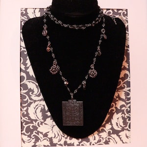 pendant necklace, beaded chain, black necklace, embossed metal, black and silver, Victorian necklace, long necklace, boho necklace