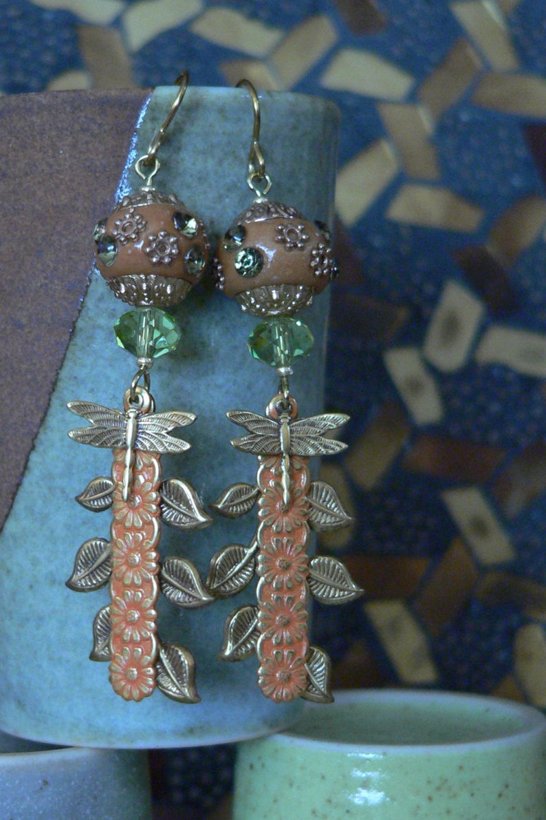 Orange Earring, Orange and Green, Crystal Earring, Leaf Earring, Flower