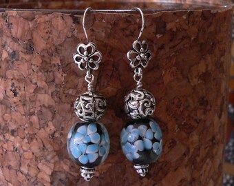 flower earring, black and blue, lampwork glass, bold earring, dangle earring, black and silver, blue flower, boho earring, gift for women