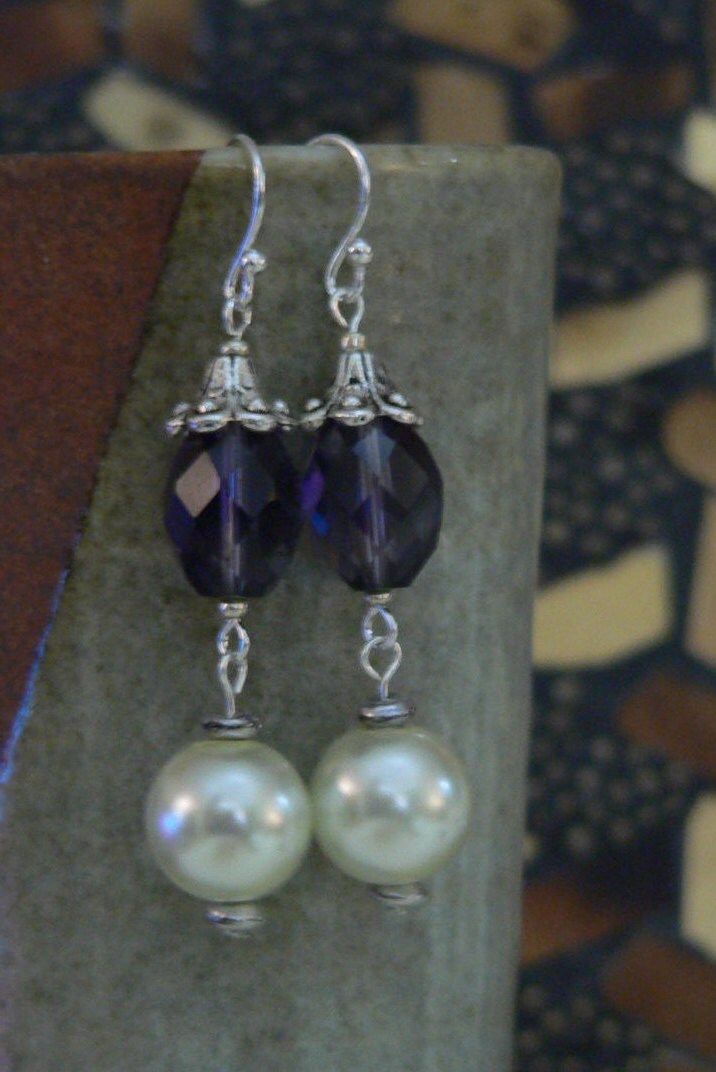 Purple earring purple and pearl dangle earring classic | Etsy