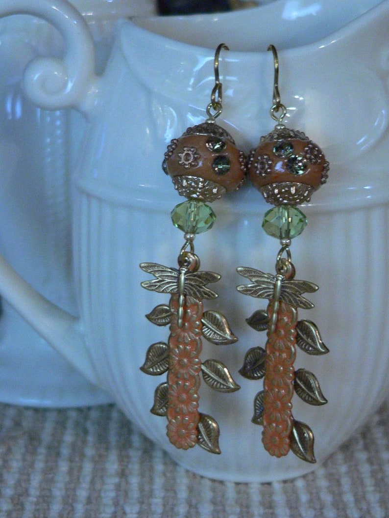 Orange Earring, Orange and Green, Crystal Earring, Leaf Earring, Flower