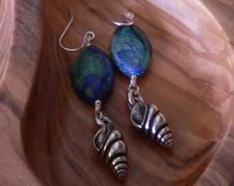 beach earring, gemstone earring, shell earring, dangle earring, blue earring, boho earring, long earring, cute earring, gift for her