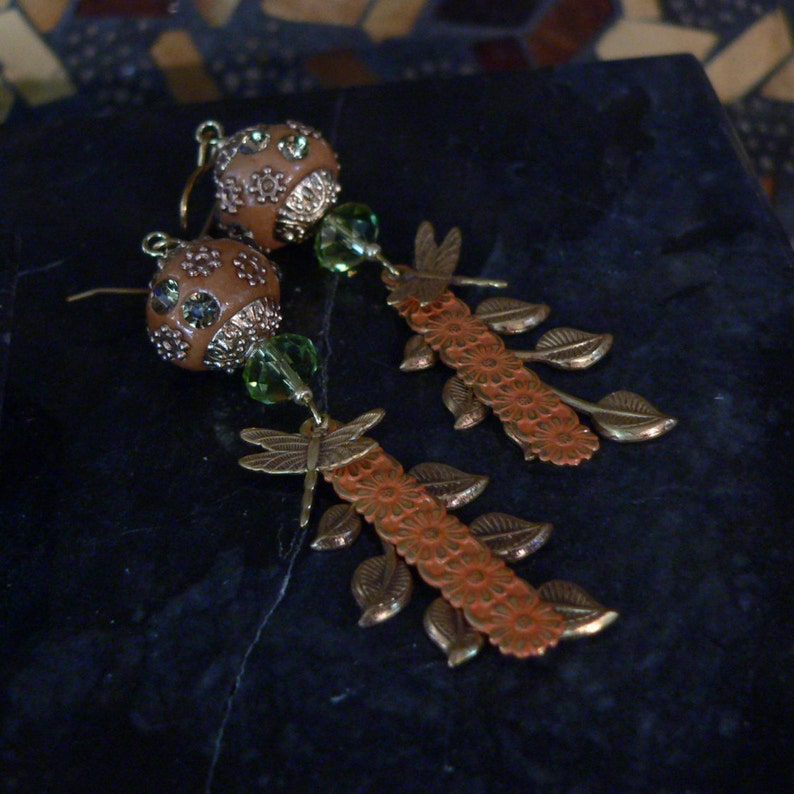 Orange Earring, Orange and Green, Crystal Earring, Leaf Earring, Flower